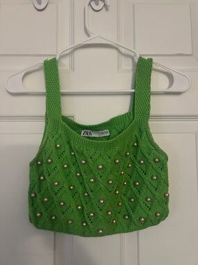 Zara Lime Green Pearl-Studded Knit Crop Tank